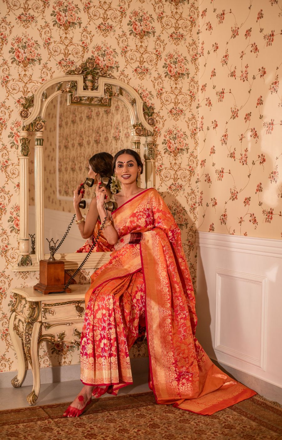Traditional Two-Tone Kadwa Jangla Sona-Rupa Katan Silk Saree
