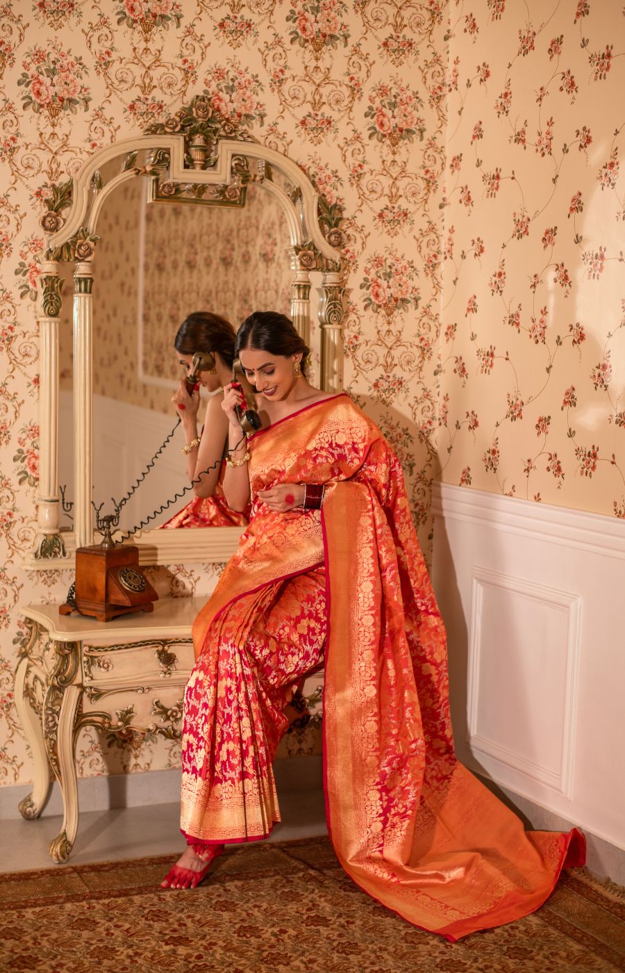 Traditional Two-Tone Kadwa Jangla Sona-Rupa Katan Silk Saree