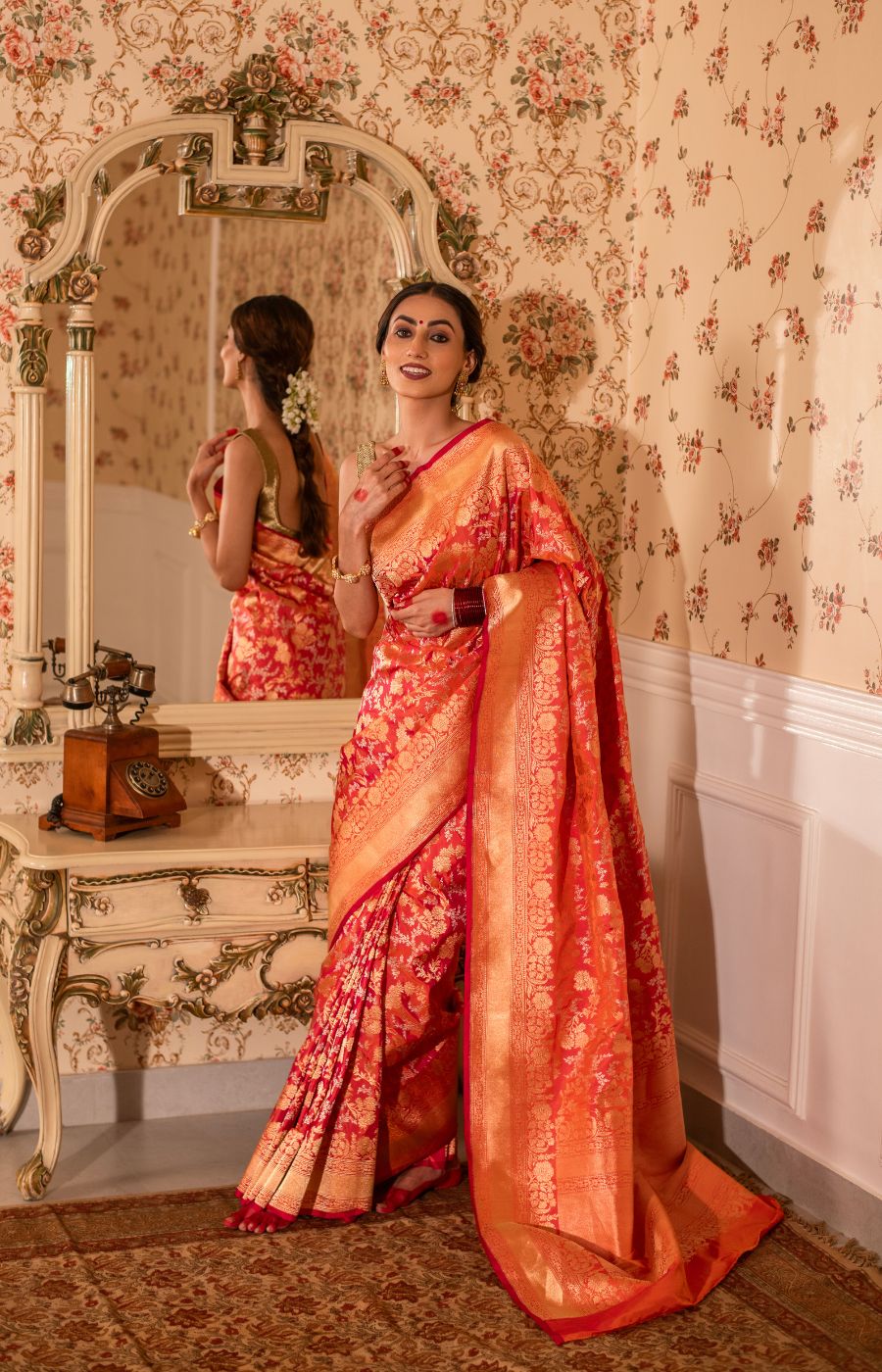 Traditional Two-Tone Kadwa Jangla Sona-Rupa Katan Silk Saree