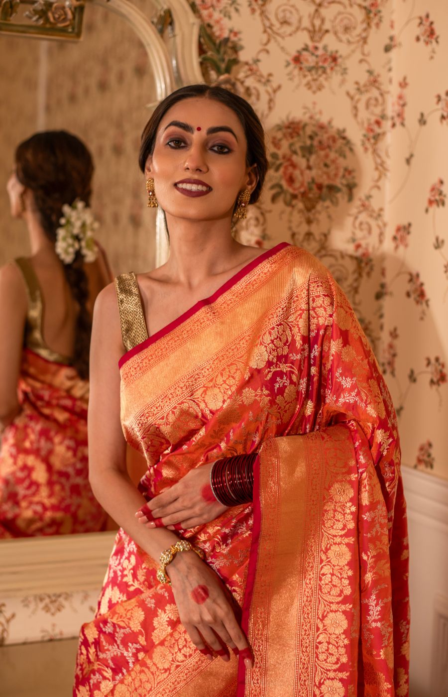 Traditional Two-Tone Kadwa Jangla Sona-Rupa Katan Silk Saree