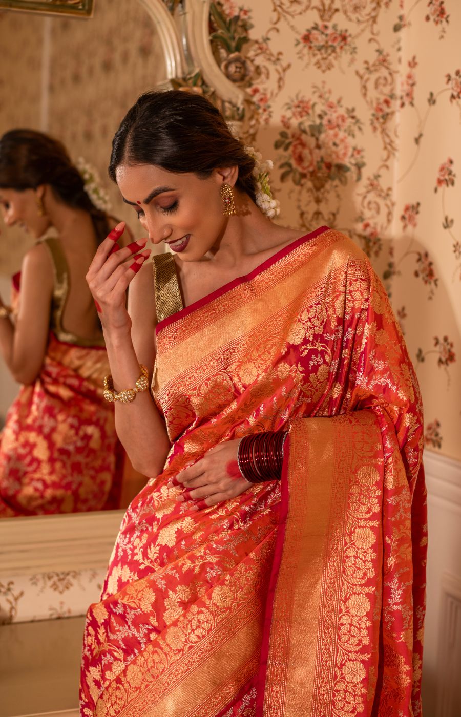 Traditional Two-Tone Kadwa Jangla Sona-Rupa Katan Silk Saree