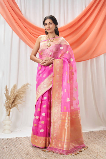 Hot Pink Kora Banarasi Saree with Elephant Motifs