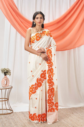 Ivory & Orange Resham Weave Banarasi Saree