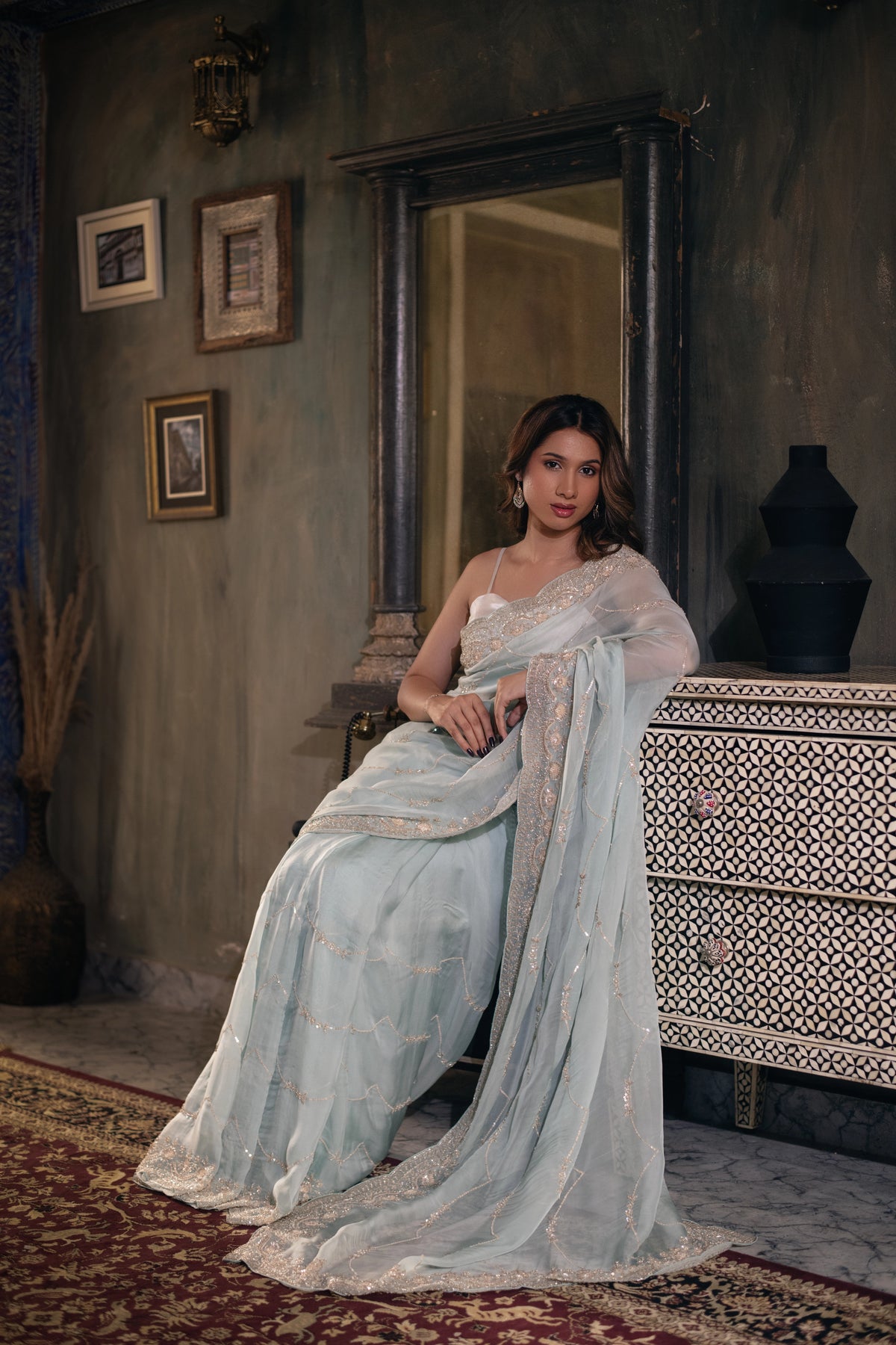 Aakashini (Powder Blue Zardozi Organza Saree)