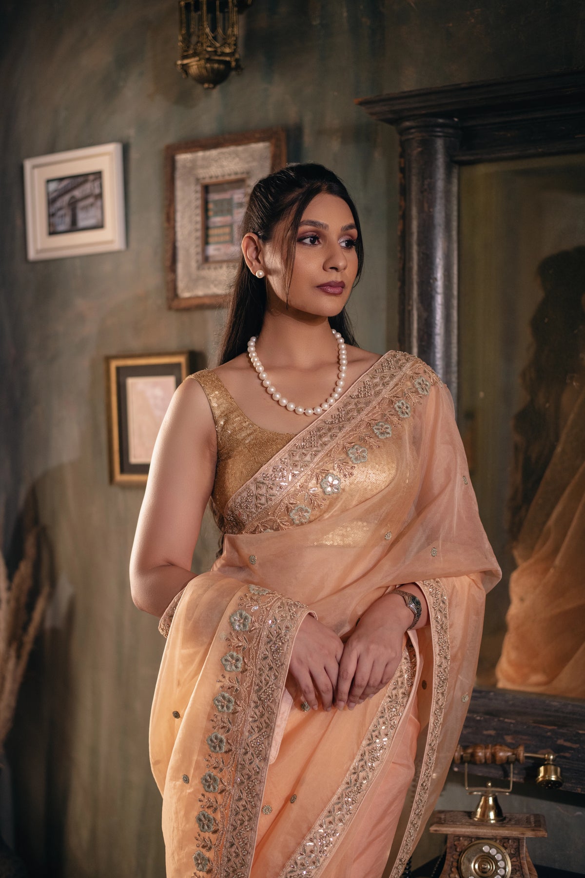 Kusumrekha (Peach Pink Gota Zardozi Saree)