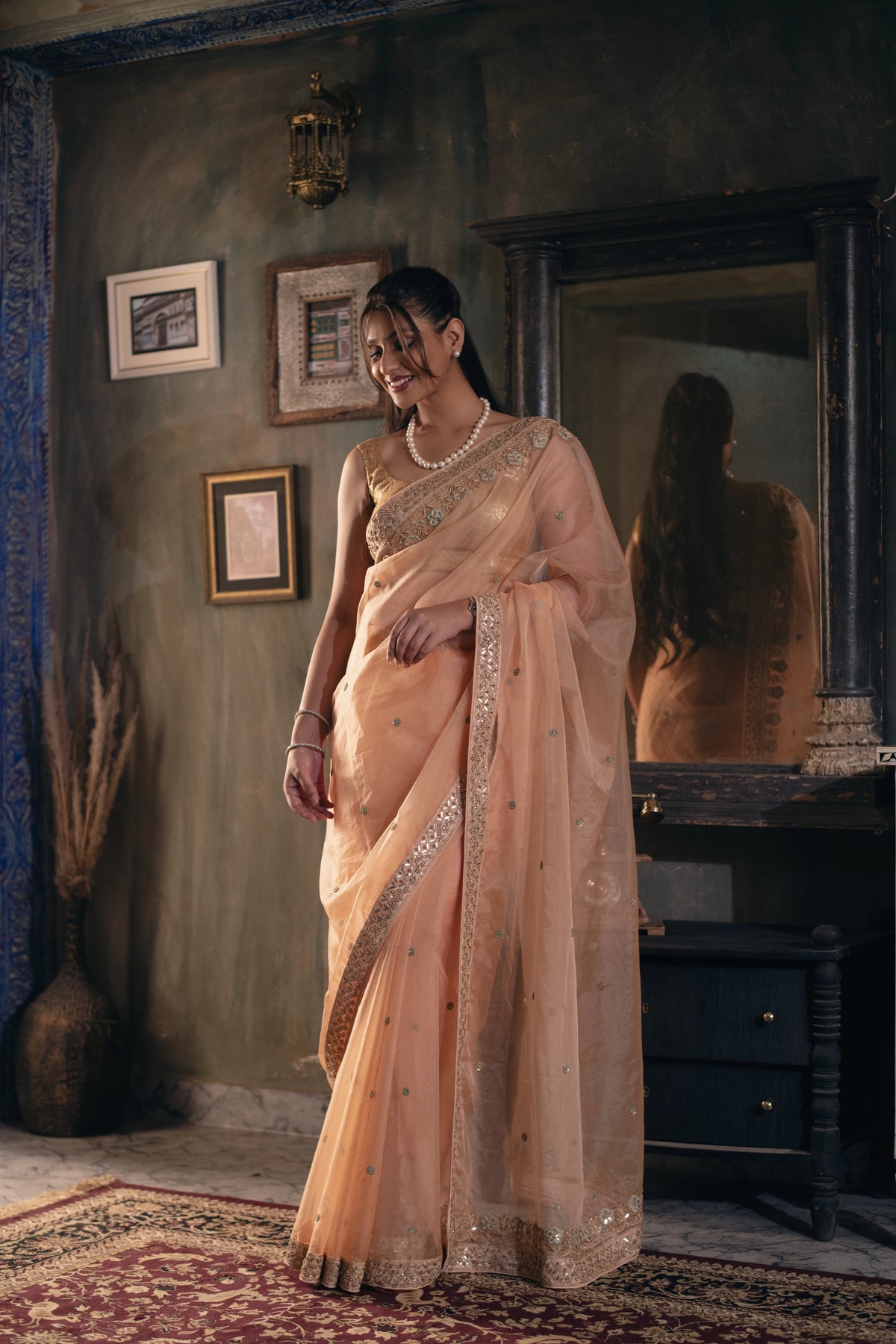 Kusumrekha (Peach Pink Gota Zardozi Saree)