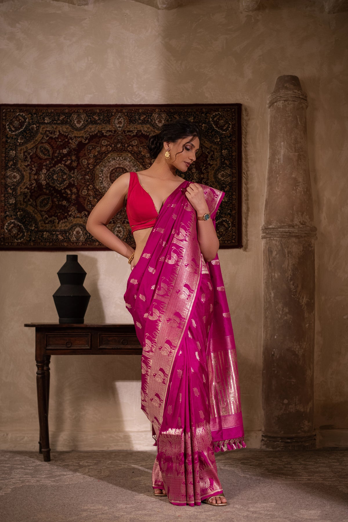 Rangrekha (Pink Bandhini Mirrorwork Chiffon Saree)