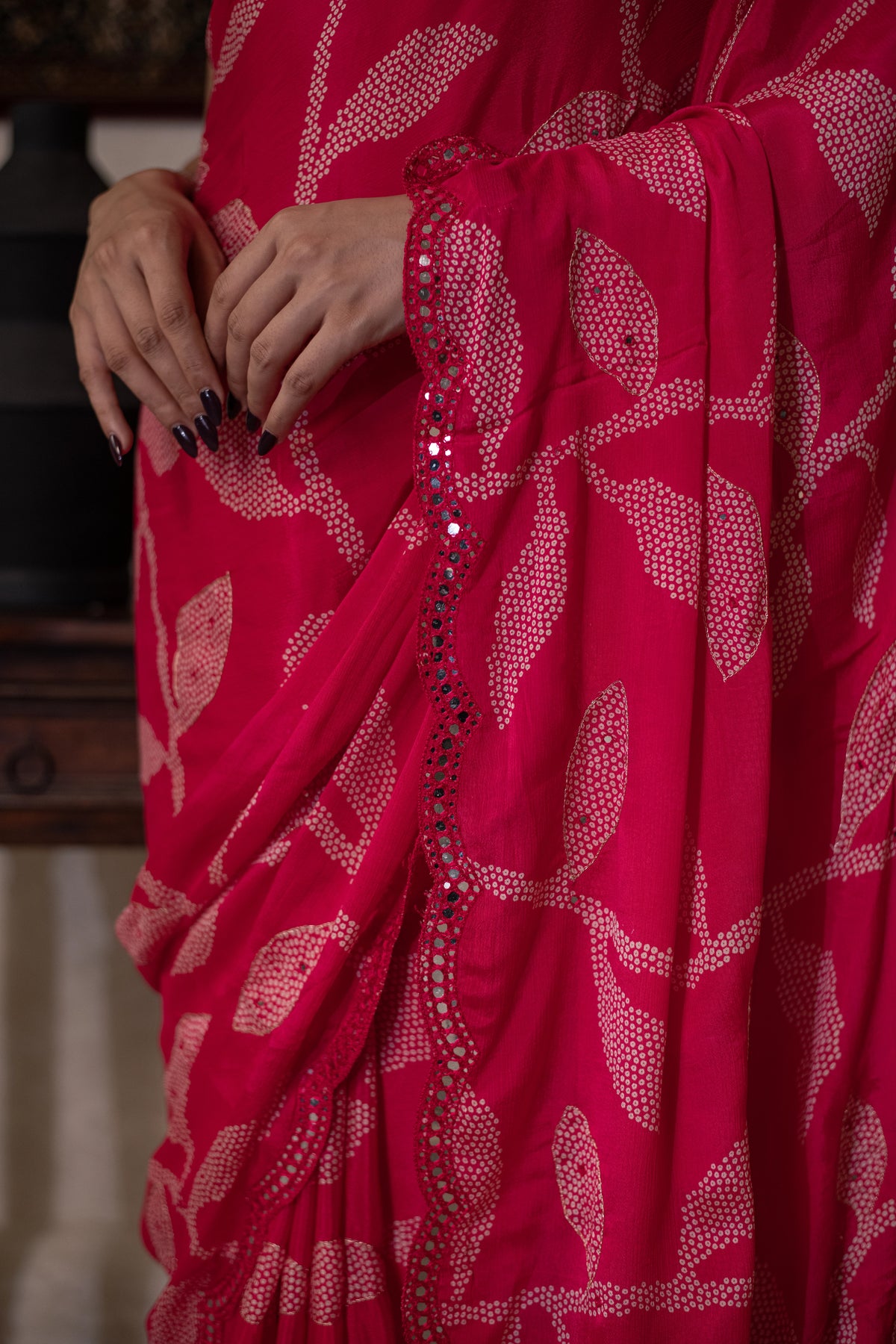 Rangmayuri (Pink Bandhani Mirrorwork Chiffon Saree)