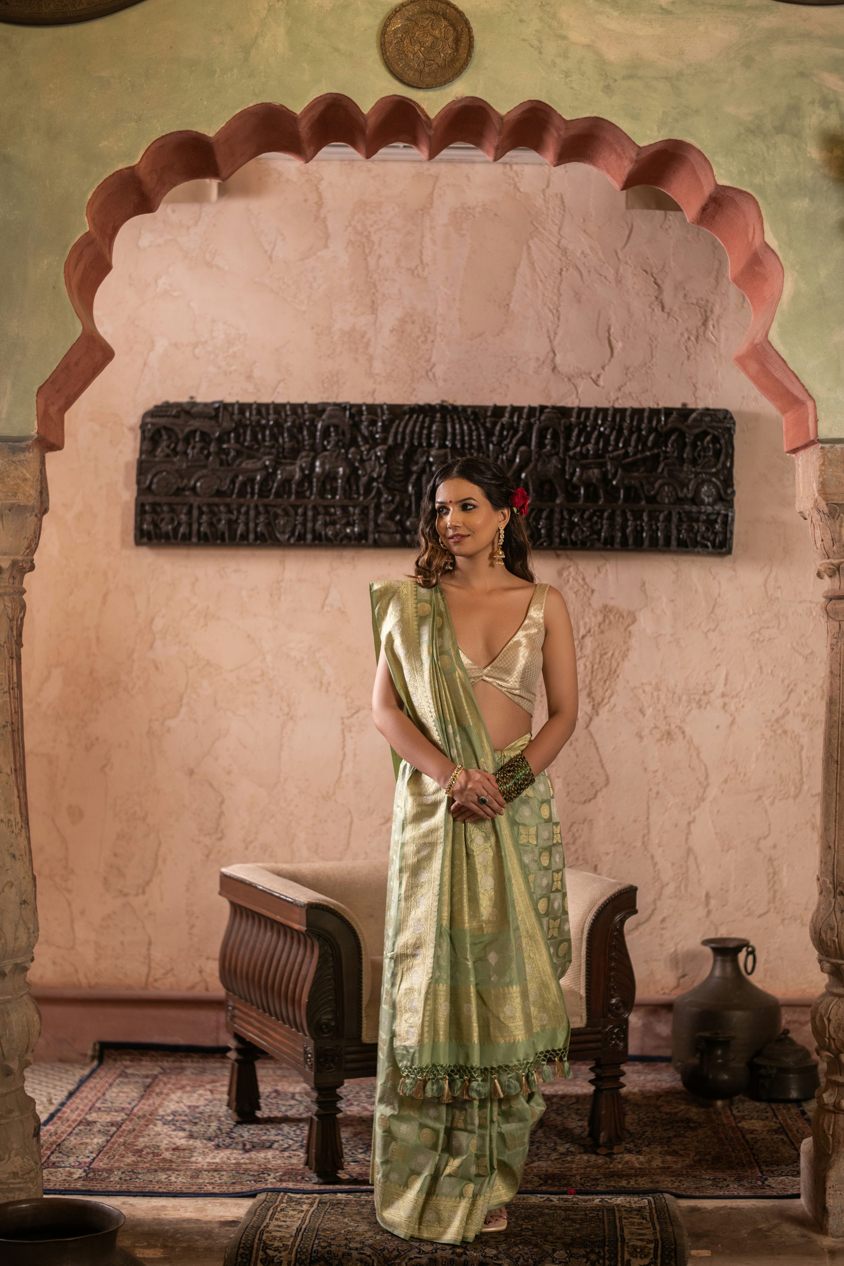 Pista Green Kadwa Saree with Full Real Zari Weave