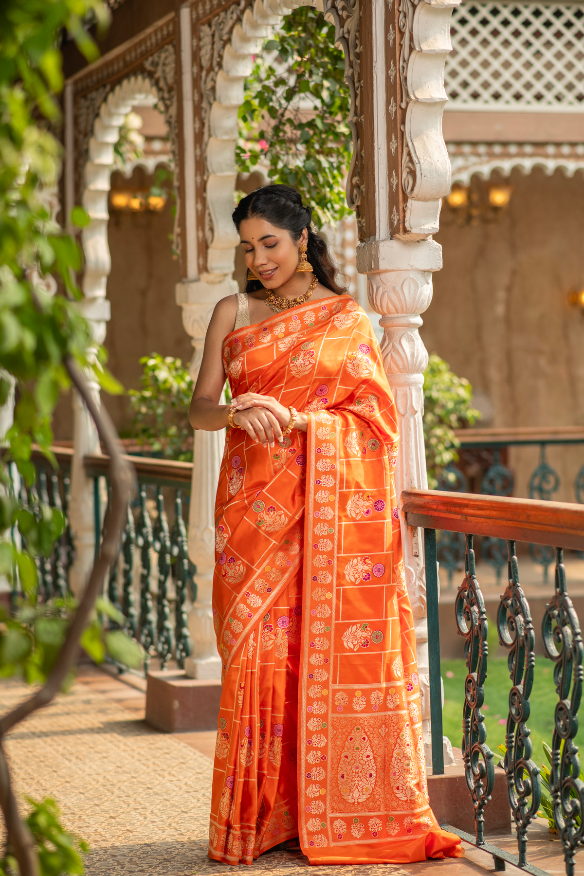 Agnija (Orange Silk Jamdani Meenakari Saree)