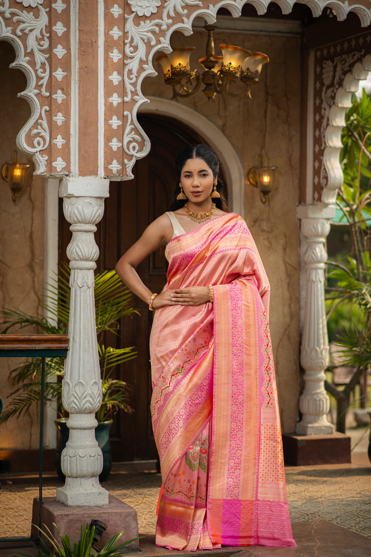 Kusumika (Pink Floral Meenakari Brocade Saree)