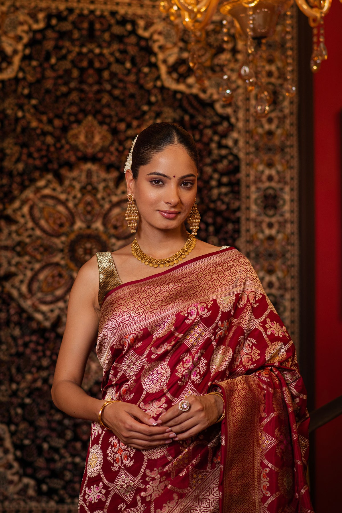 Shriniketa (Maroon Meenakari Jangla Saree)