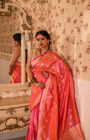 Radiant Peach Pink Two-Tone Kadwa Boota Katan Silk Saree