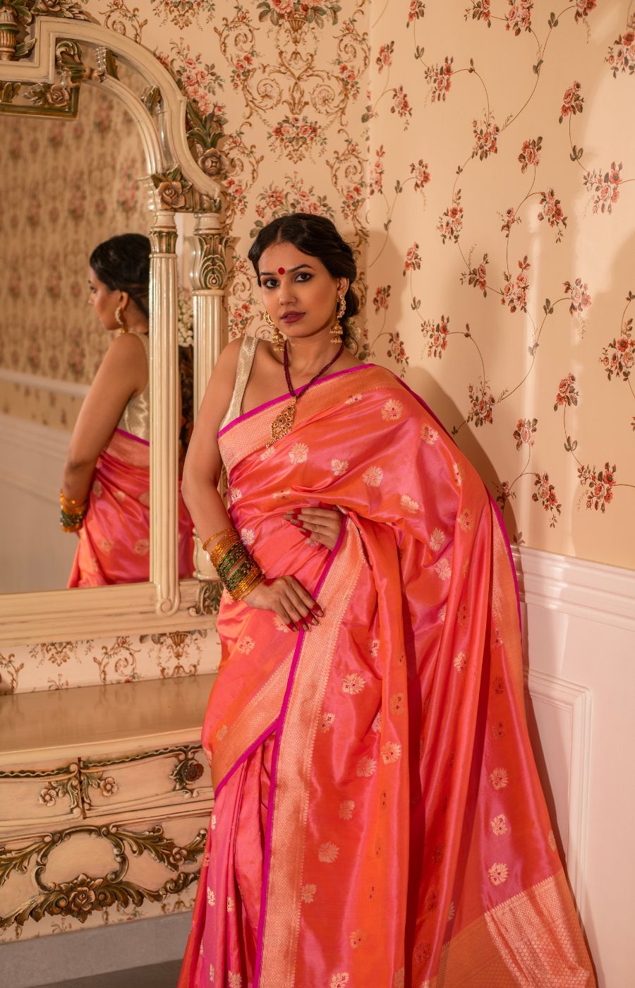 Radiant Peach Pink Two-Tone Kadwa Boota Katan Silk Saree