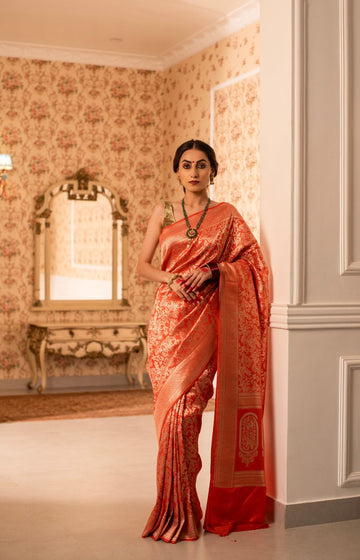 Vibrant Orange Banarasi Brocade Saree with Gold Zari Weaving