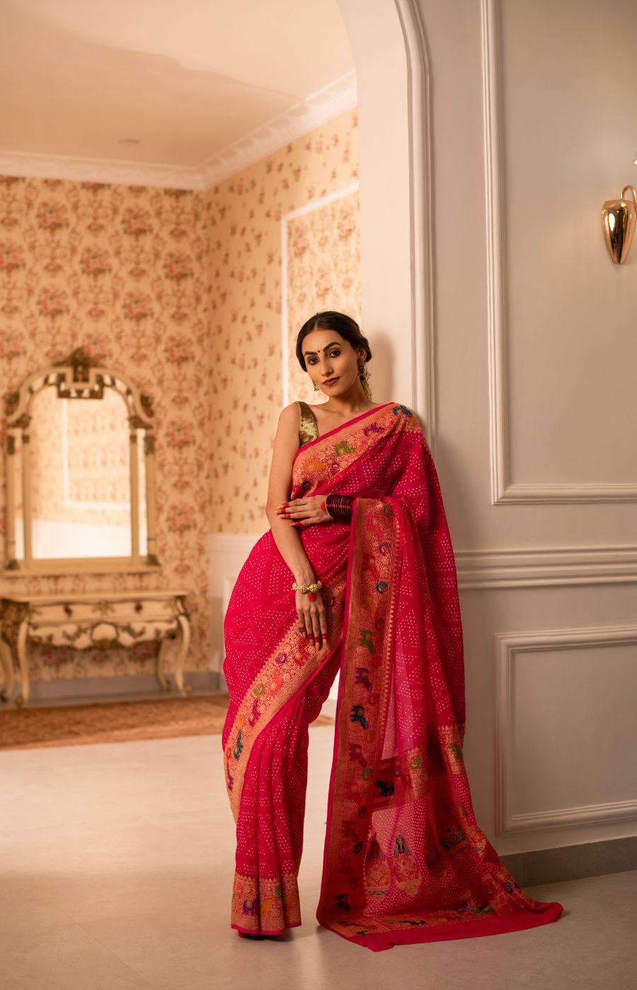 Rai Bandhini Banarasi Georgette Saree with Meenakari Kadwa Shikargha Detailing