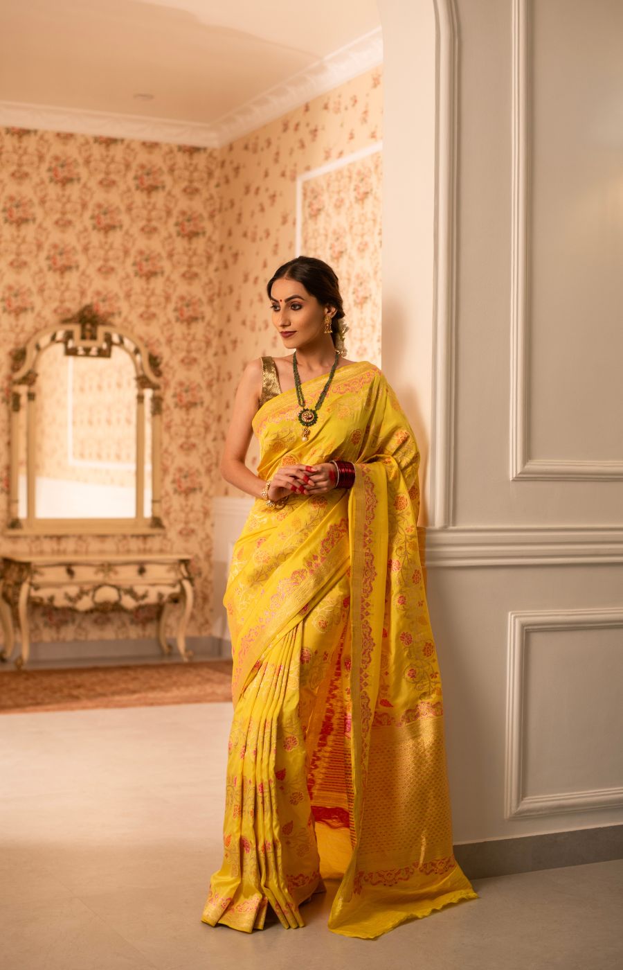 Iktara Katan Silk Saree with Meenakari Floral Kadwa Jangla Weave