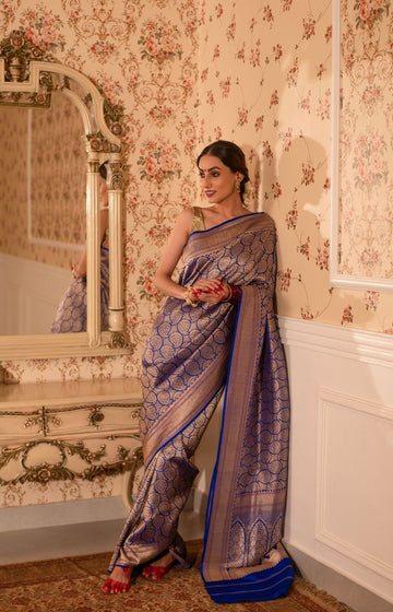 Majestic Royal Blue Banarasi Katan Silk Brocade Saree