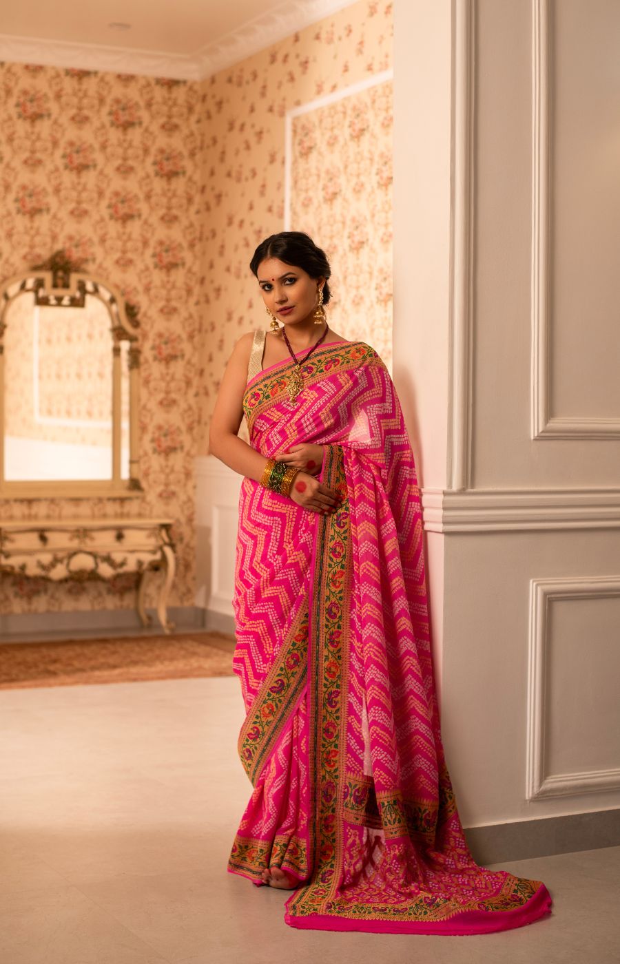 Rose Pink Rai Bandhini Banarasi Georgette Saree with Kadwa Paithani Border
