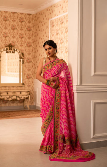 Rose Pink Rai Bandhini Banarasi Georgette Saree with Kadwa Paithani Border