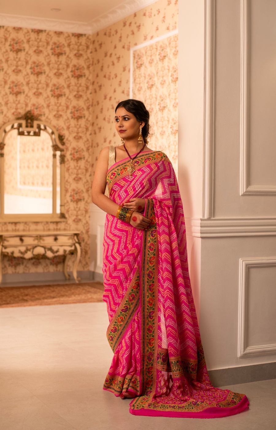 Rose Pink Rai Bandhini Banarasi Georgette Saree with Kadwa Paithani Border