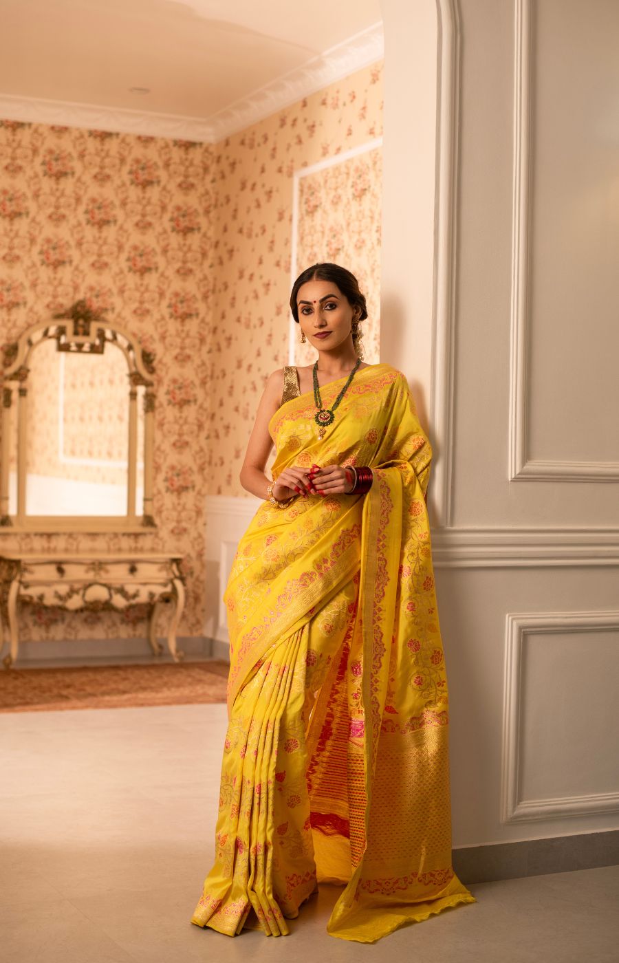 Iktara Katan Silk Saree with Meenakari Floral Kadwa Jangla Weave