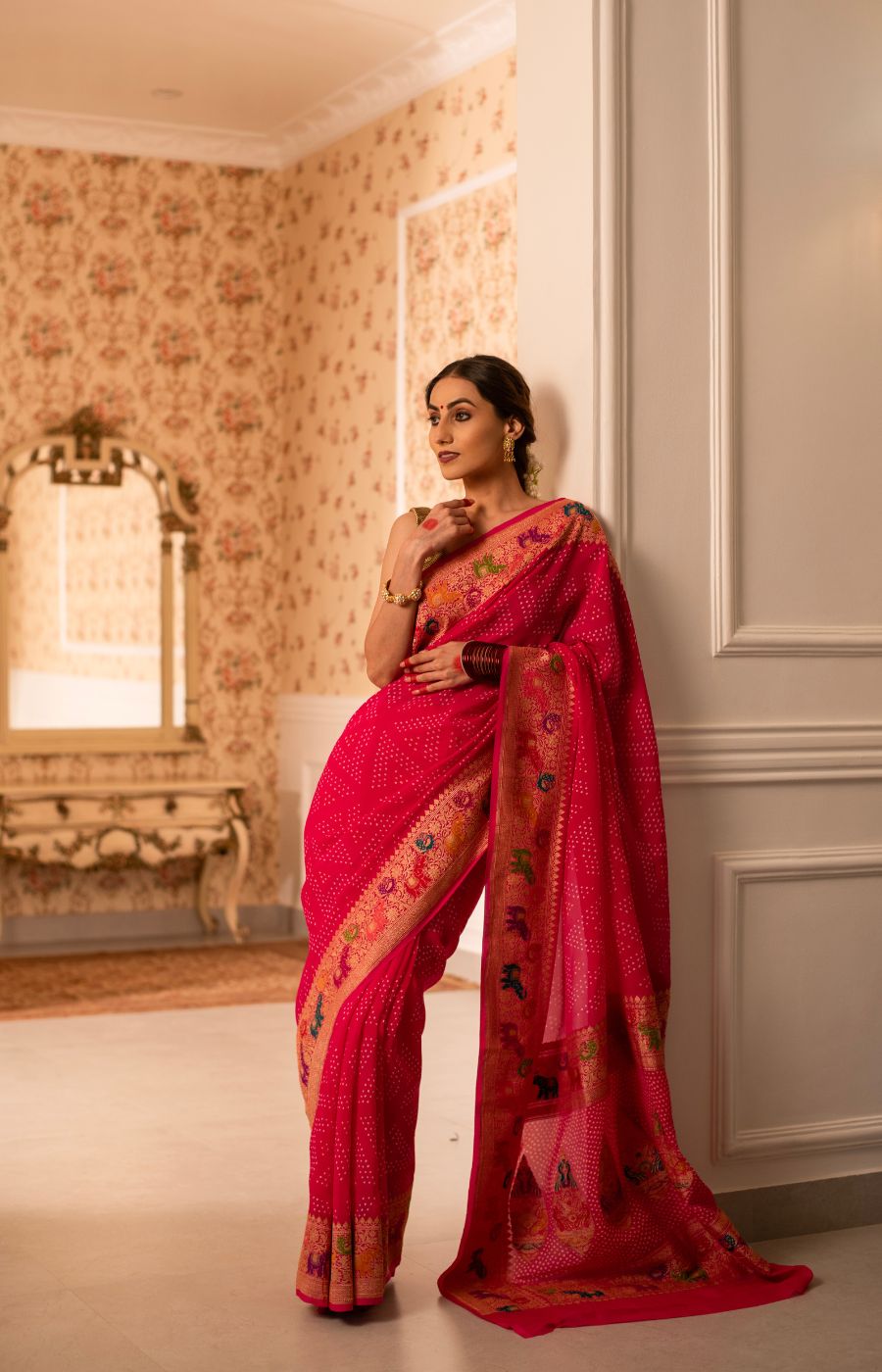 Rai Bandhini Banarasi Georgette Saree with Meenakari Kadwa Shikargha Detailing