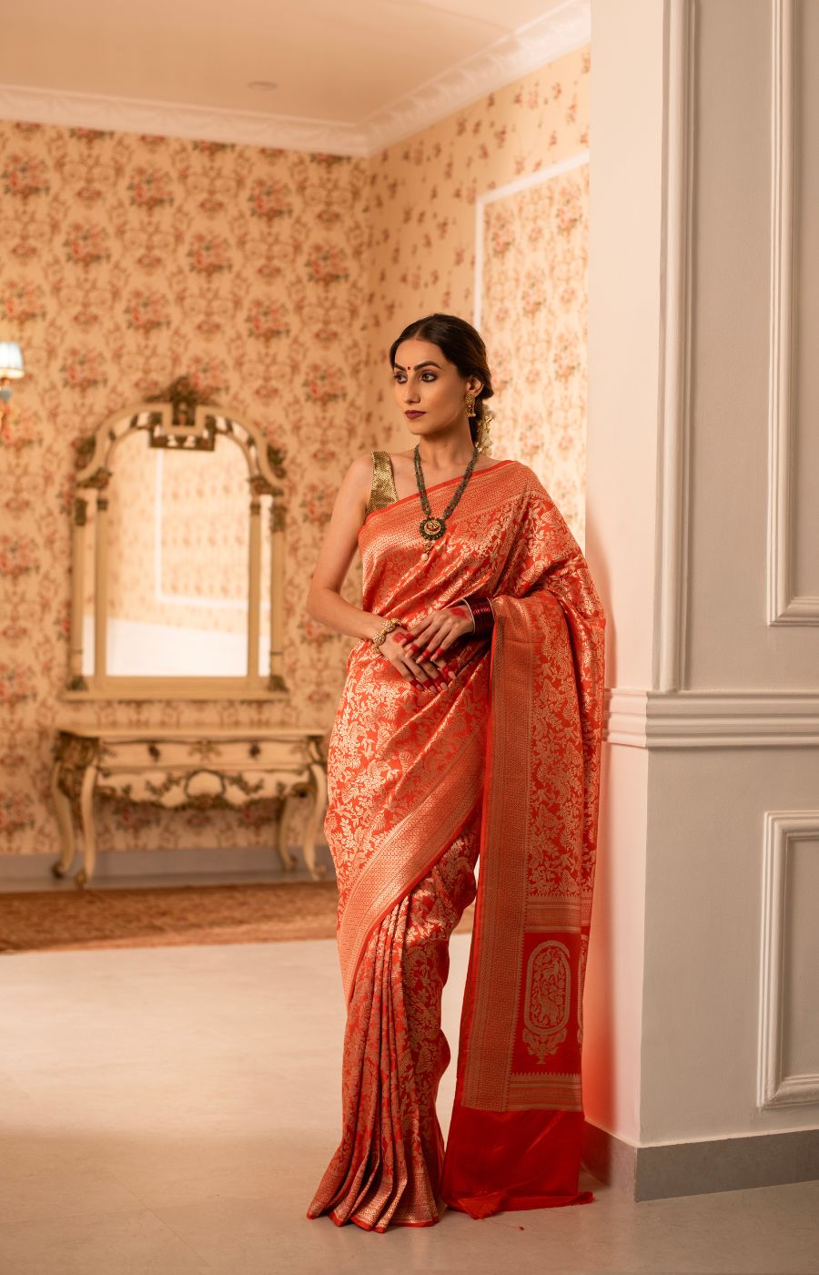 Vibrant Orange Banarasi Brocade Saree with Gold Zari Weaving