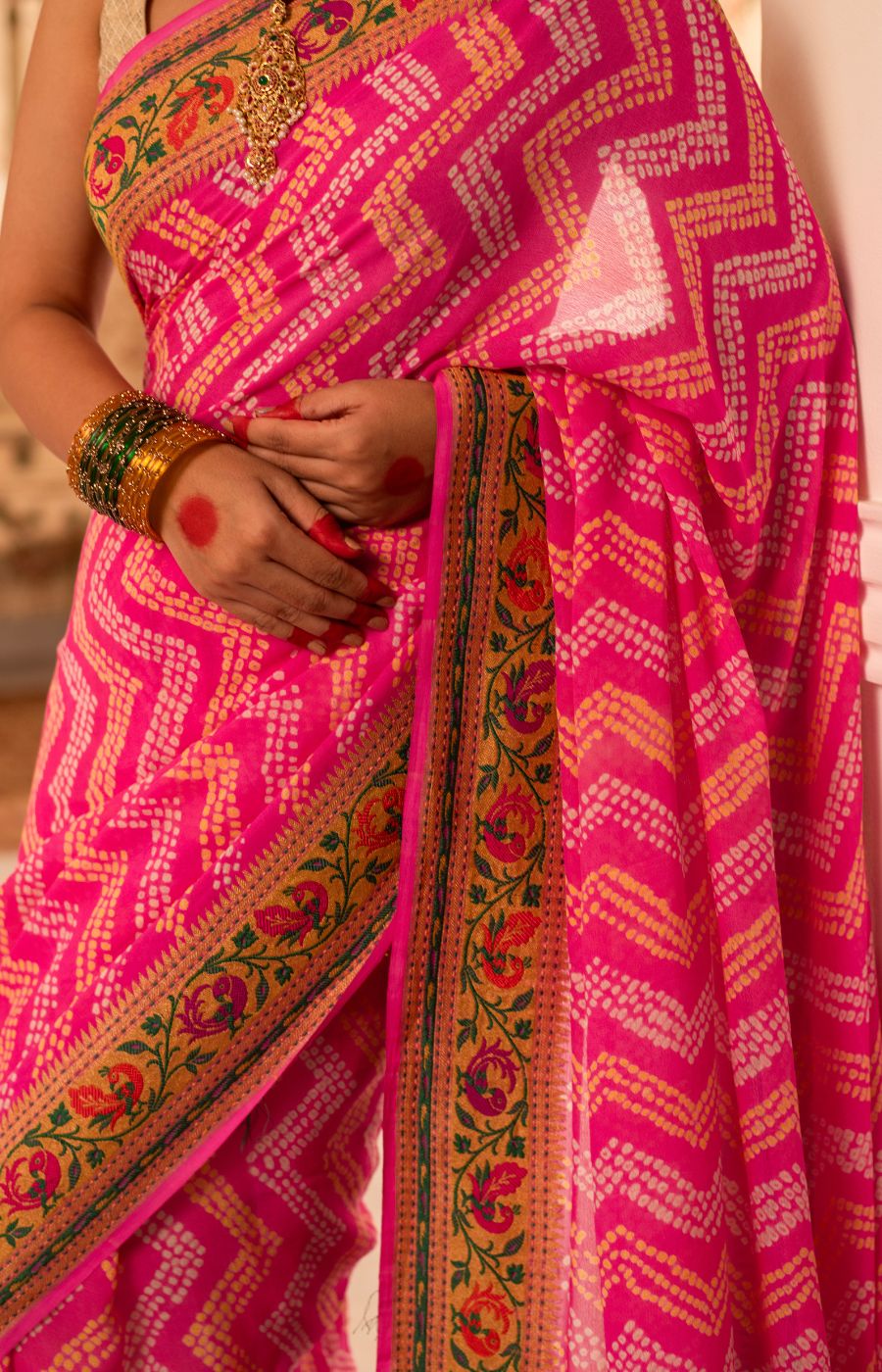 Rose Pink Rai Bandhini Banarasi Georgette Saree with Kadwa Paithani Border