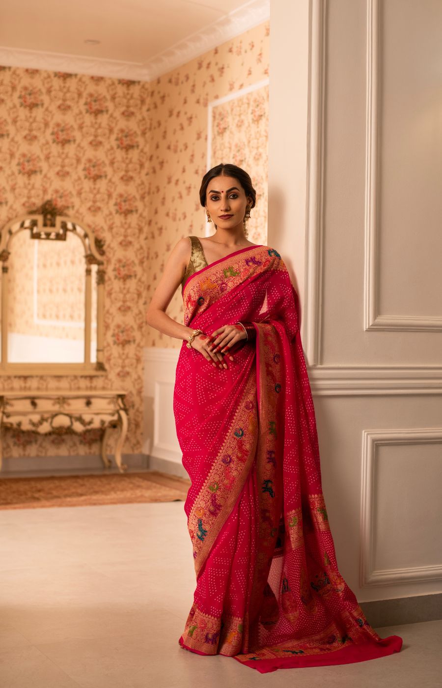 Rai Bandhini Banarasi Georgette Saree with Meenakari Kadwa Shikargha Detailing