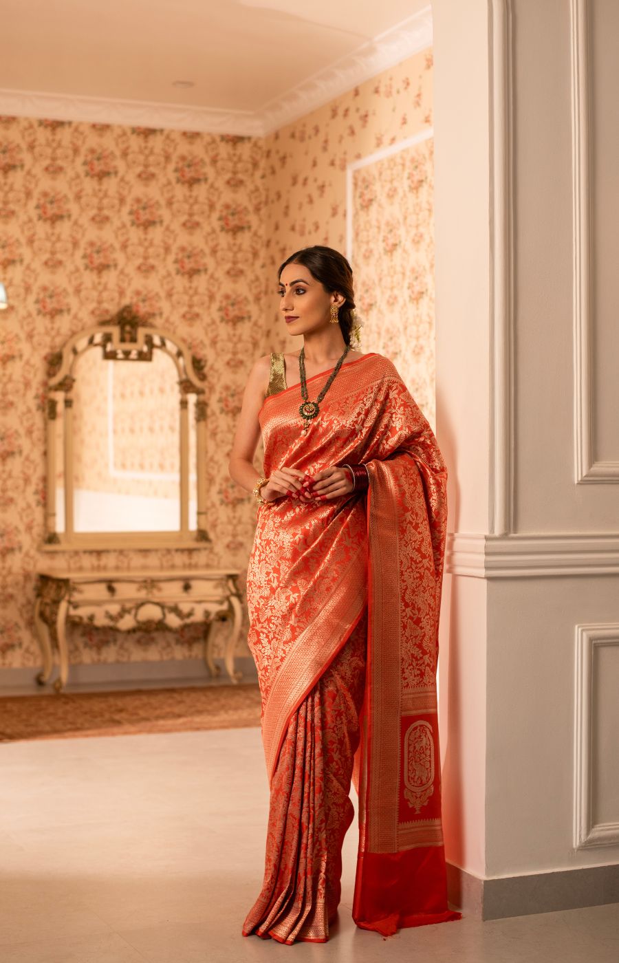 Vibrant Orange Banarasi Brocade Saree with Gold Zari Weaving