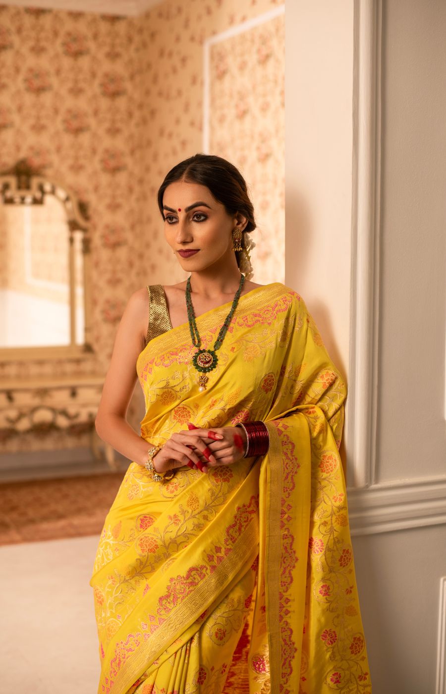 Iktara Katan Silk Saree with Meenakari Floral Kadwa Jangla Weave