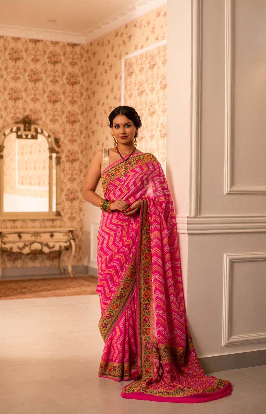 Rose Pink Rai Bandhini Banarasi Georgette Saree with Kadwa Paithani Border