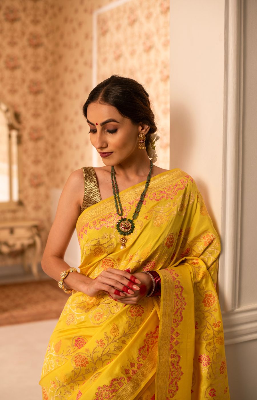 Iktara Katan Silk Saree with Meenakari Floral Kadwa Jangla Weave