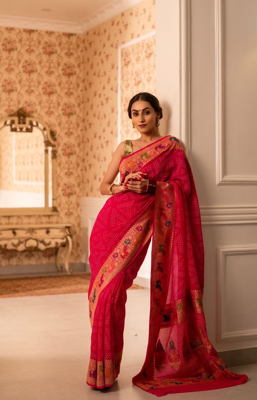 Rai Bandhini Banarasi Georgette Saree with Meenakari Kadwa Shikargha Detailing