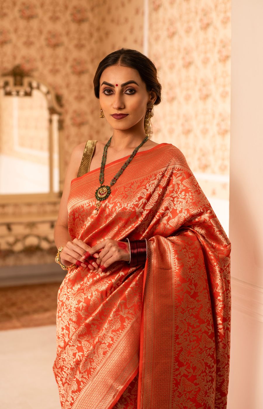 Vibrant Orange Banarasi Brocade Saree with Gold Zari Weaving