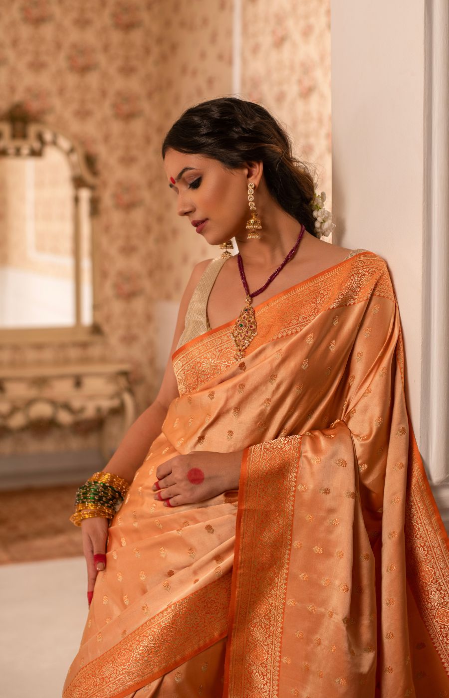 Peachish Orange Mushru Silk Saree with Contrasting Orange Kadwa Border