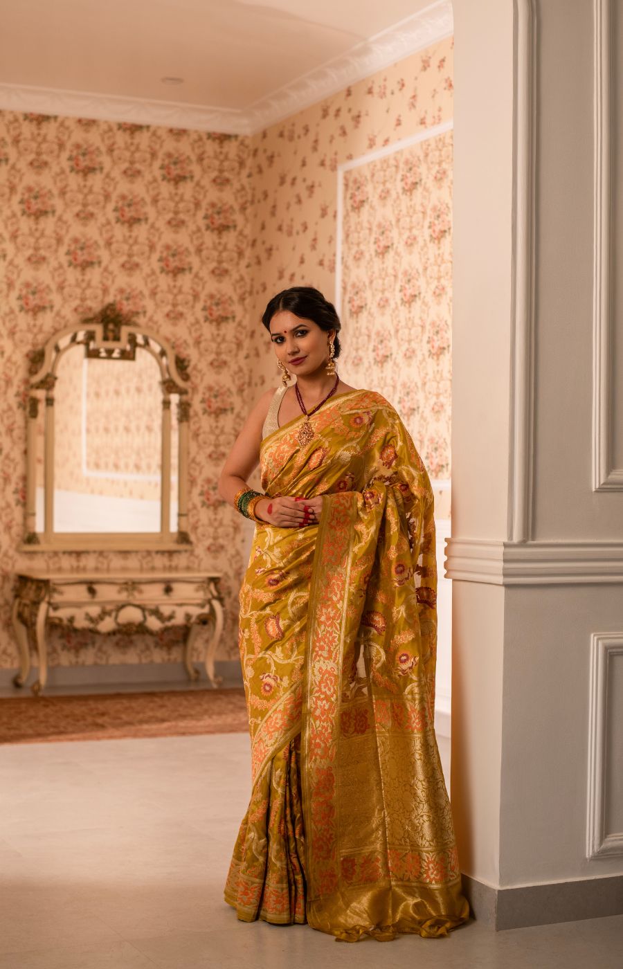 Iktara Katan Silk Saree with Meenakari Floral Kadwa Jangla Weave