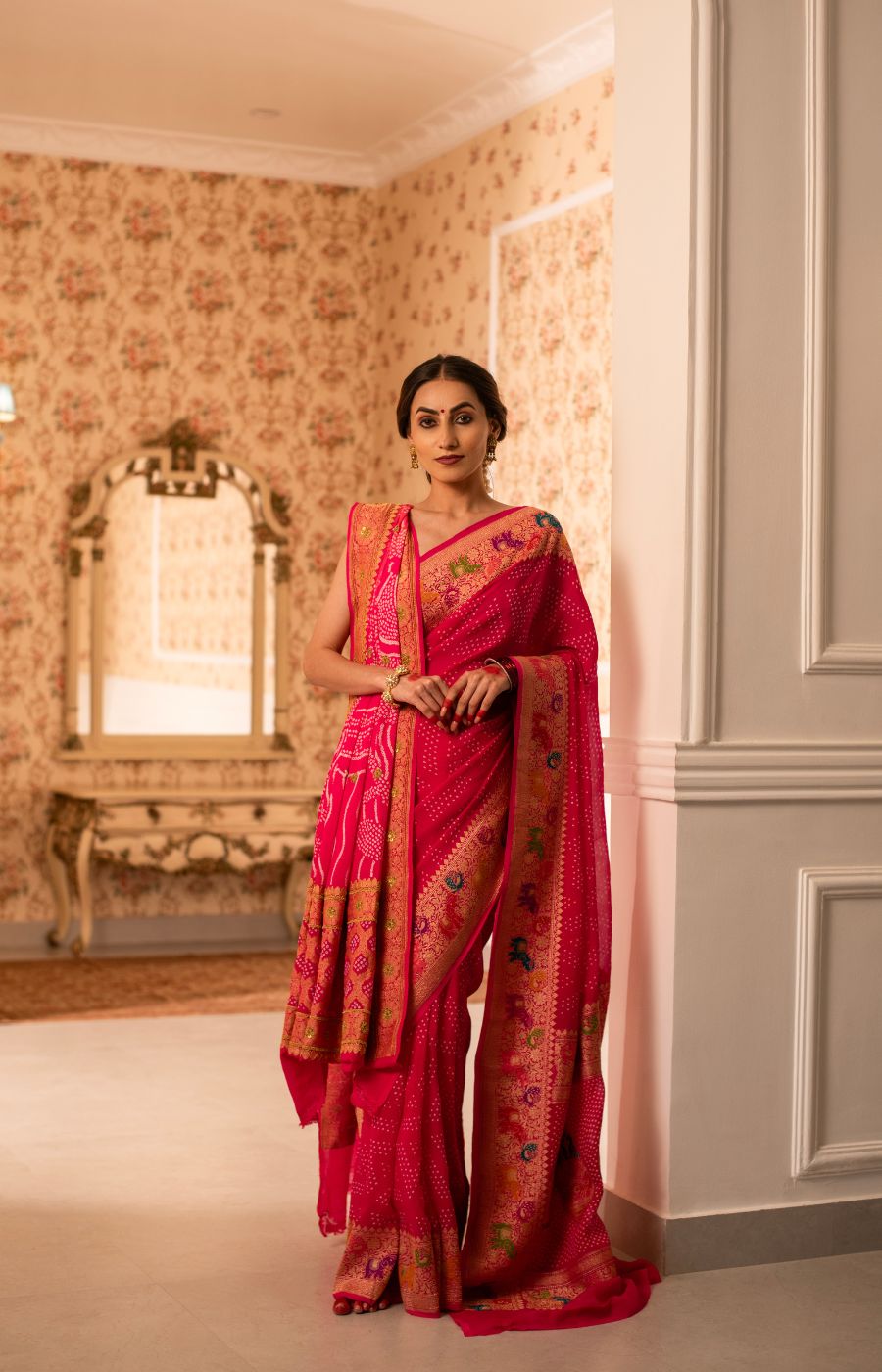 Rai Bandhini Banarasi Georgette Saree with Meenakari Kadwa Shikargha Detailing