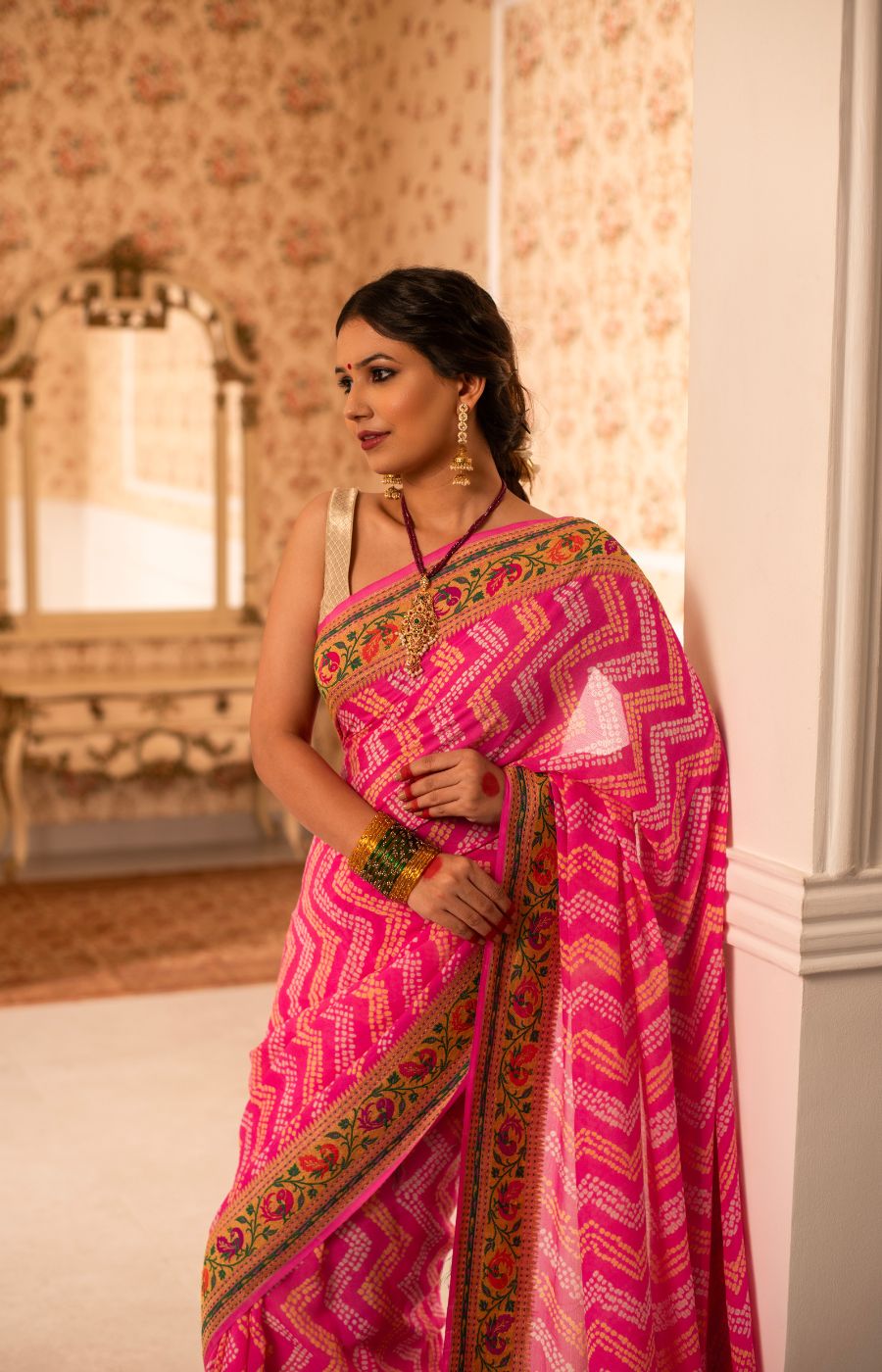 Rose Pink Rai Bandhini Banarasi Georgette Saree with Kadwa Paithani Border