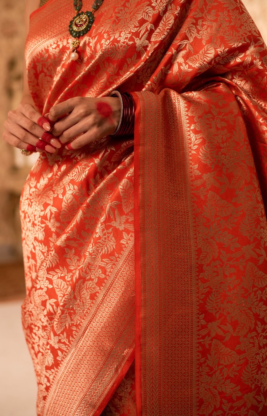 Vibrant Orange Banarasi Brocade Saree with Gold Zari Weaving