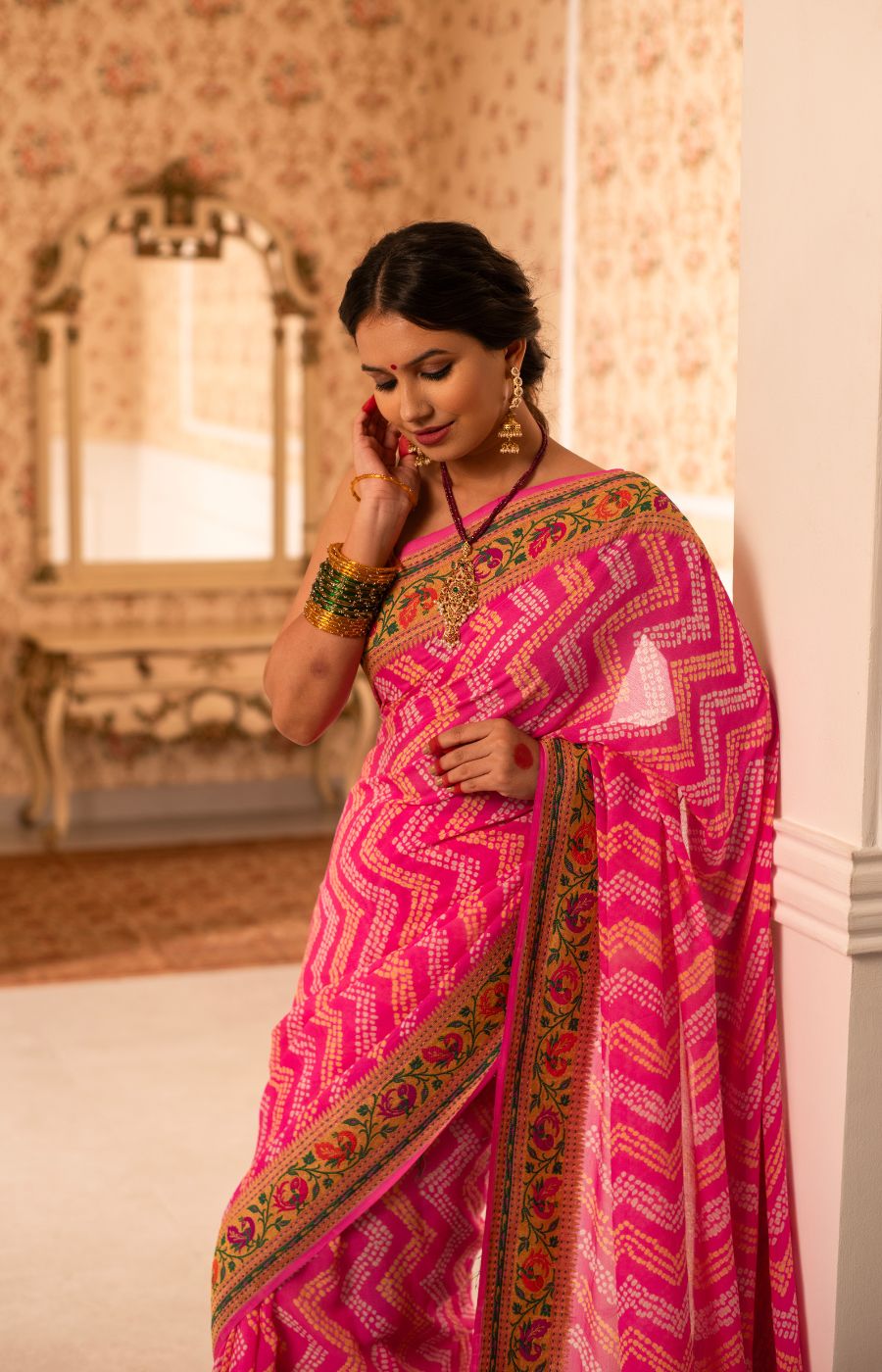 Rose Pink Rai Bandhini Banarasi Georgette Saree with Kadwa Paithani Border
