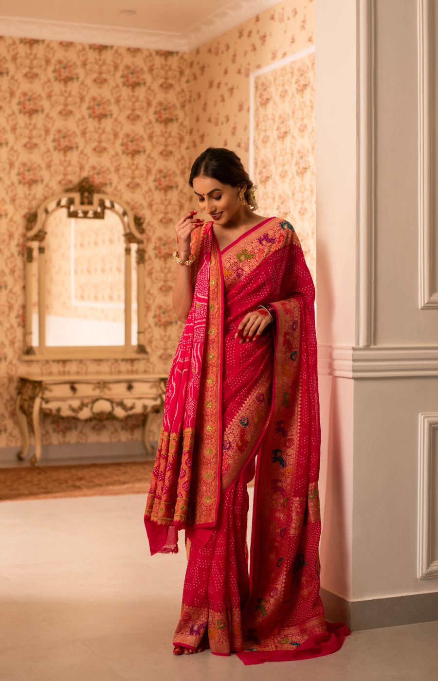 Rai Bandhini Banarasi Georgette Saree with Meenakari Kadwa Shikargha Detailing