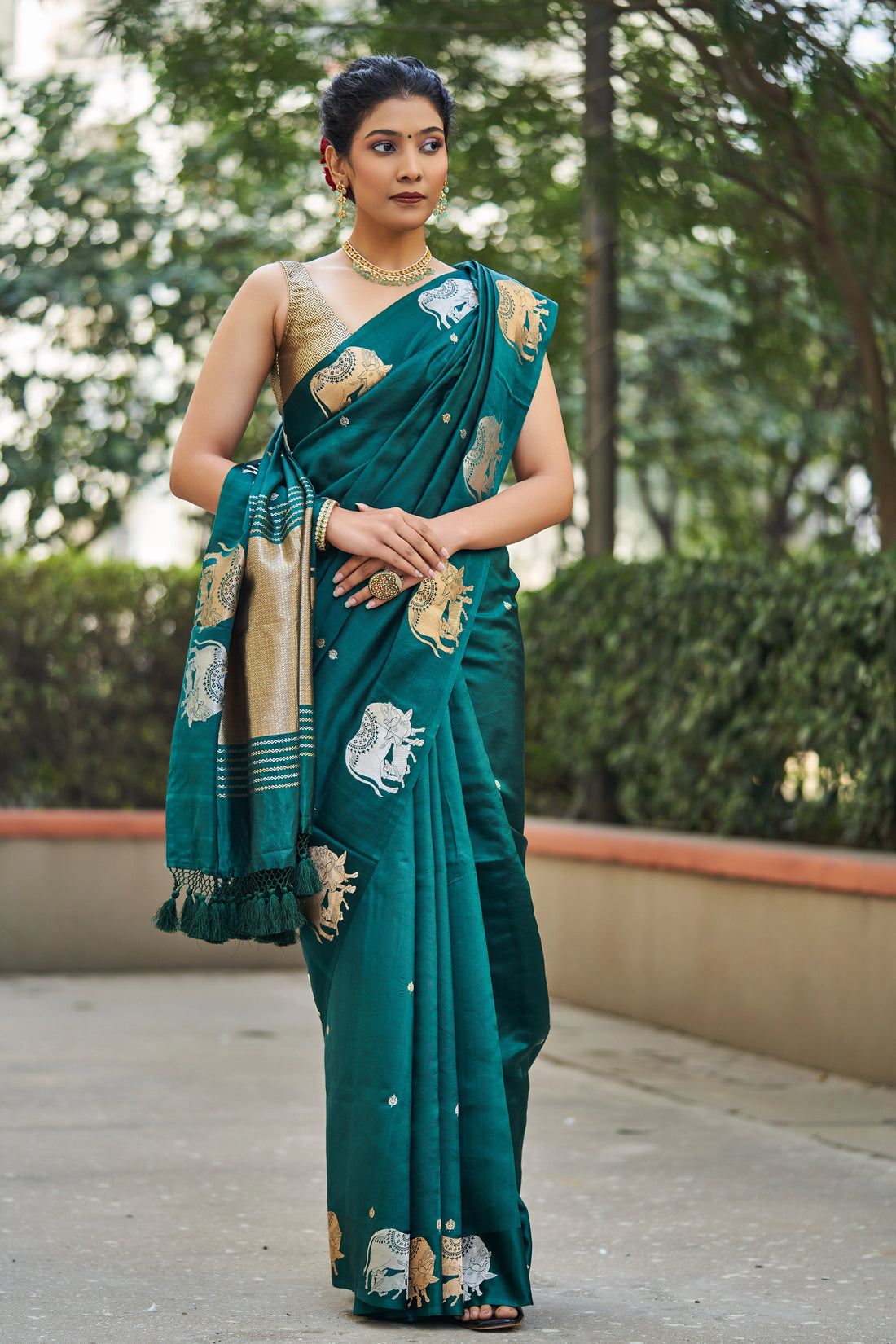 Mallika Katan Silk Banarasi Saree with Nandi Motif Border