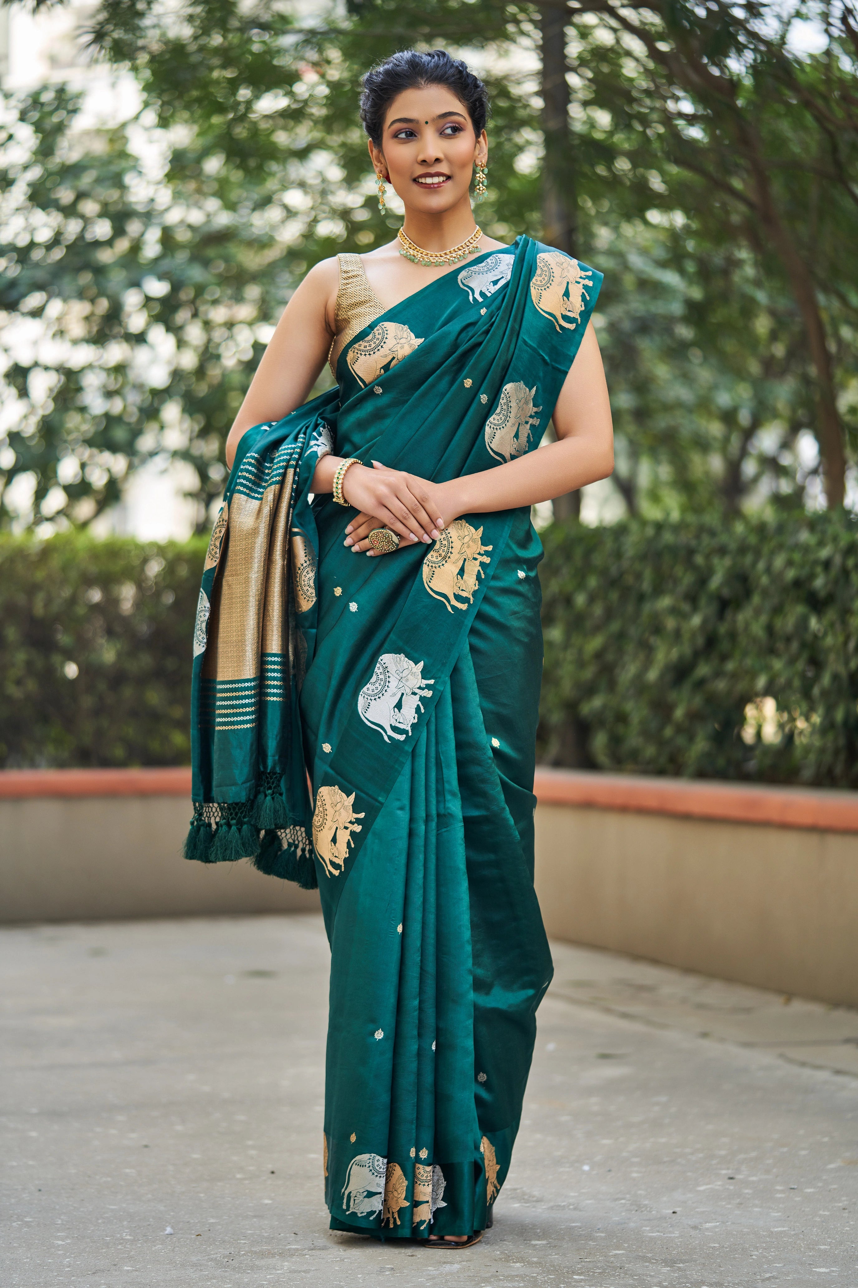 Mallika Katan Silk Banarasi Saree with Nandi Motif Border
