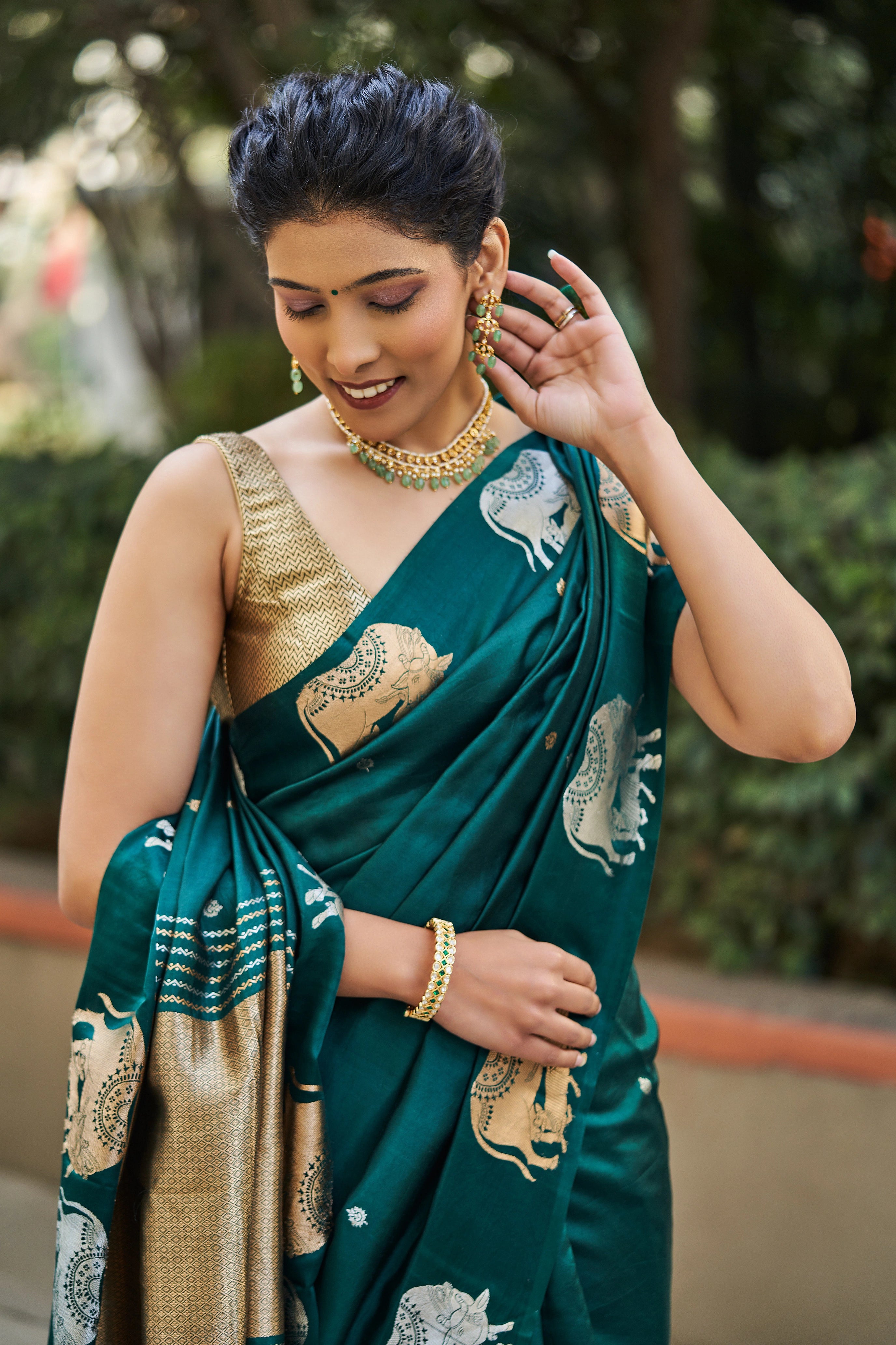 Mallika Katan Silk Banarasi Saree with Nandi Motif Border