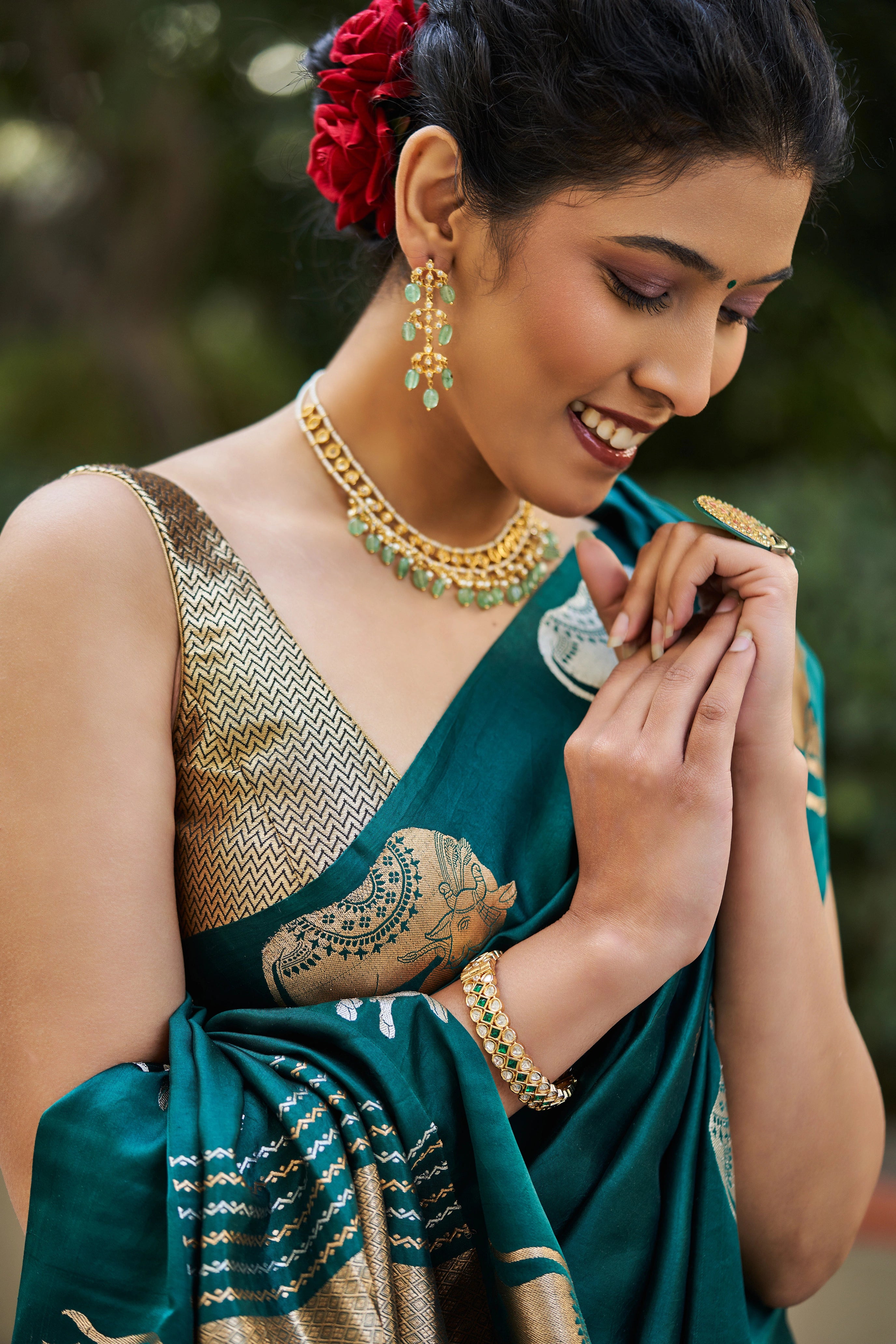 Mallika Katan Silk Banarasi Saree with Nandi Motif Border