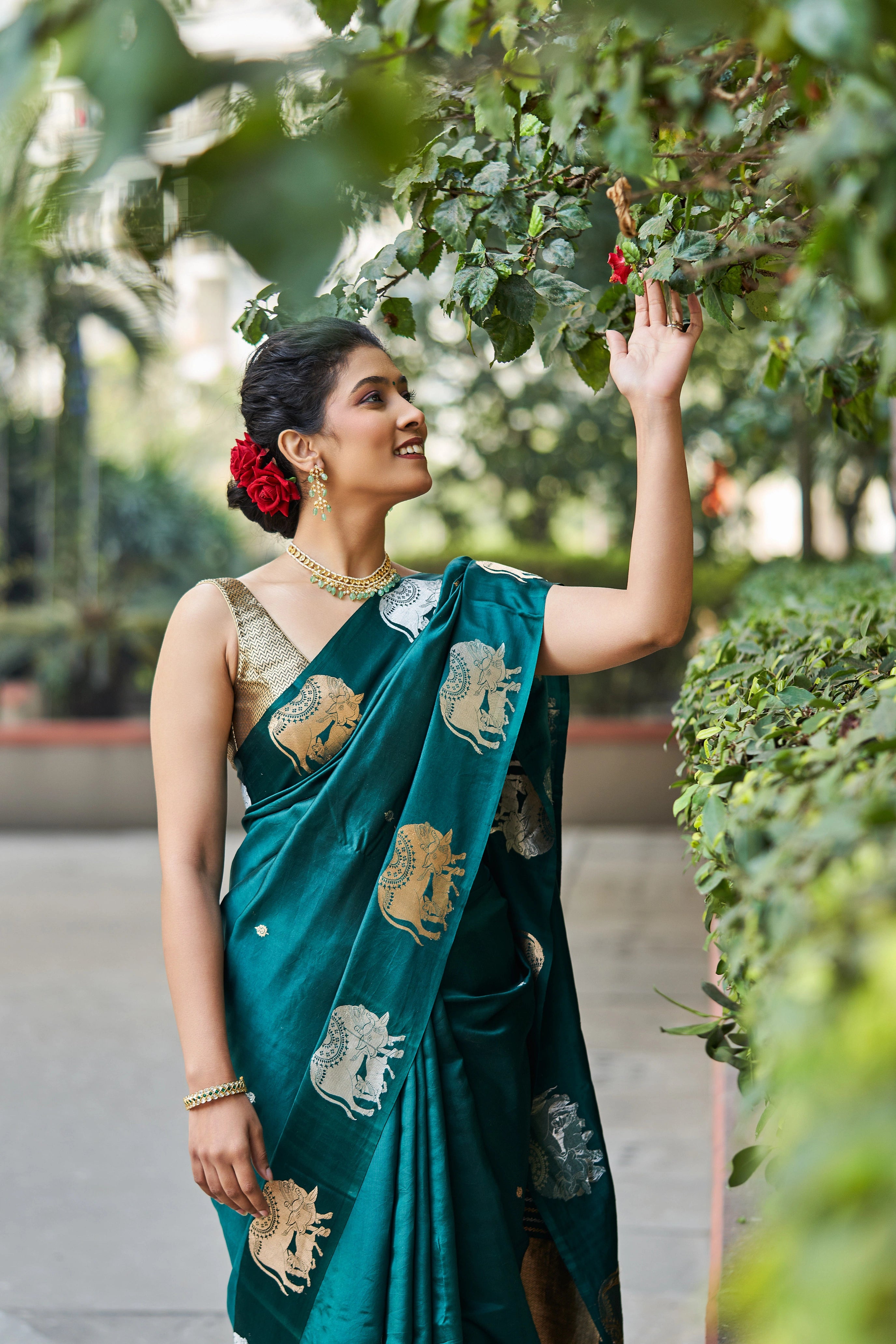 Mallika Katan Silk Banarasi Saree with Nandi Motif Border