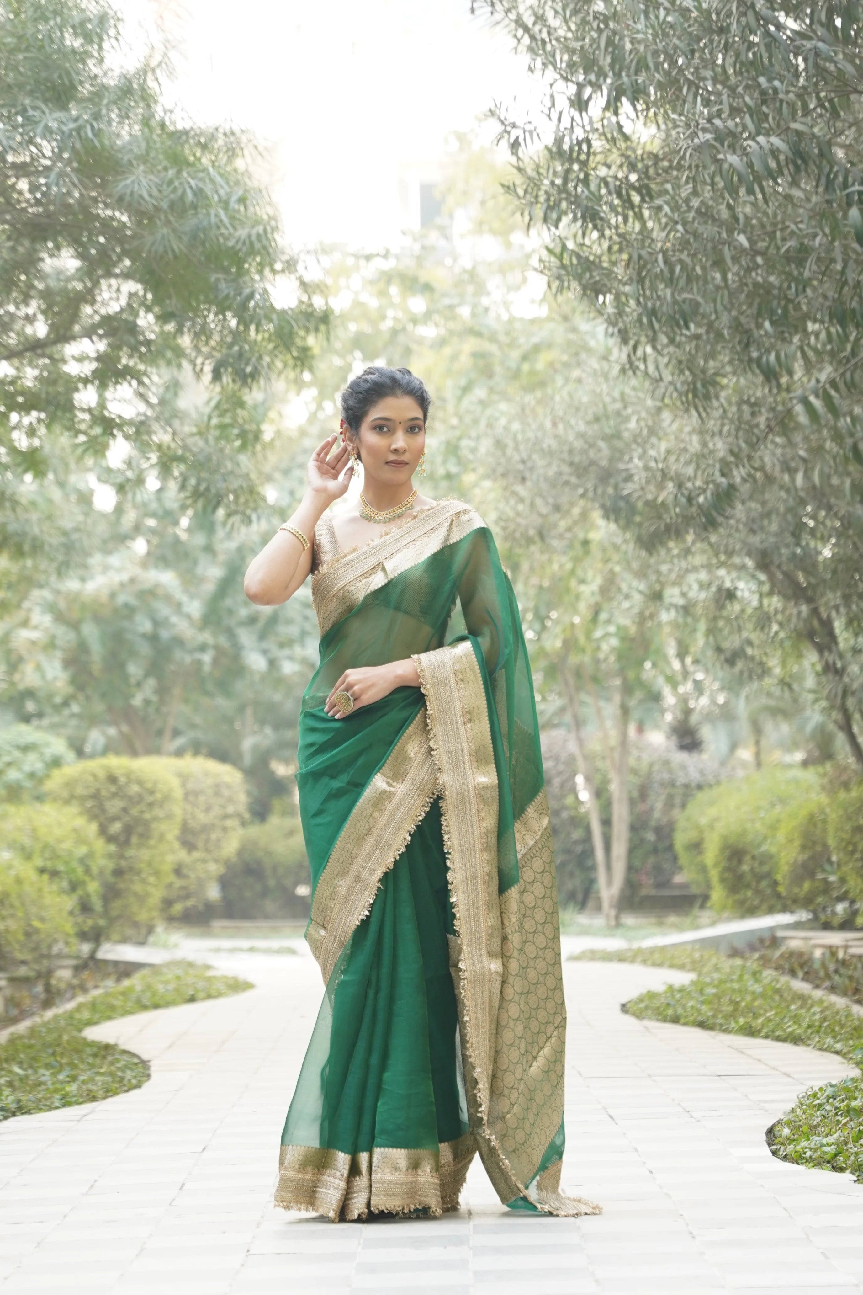 Emerald Green Tissue Banarasi Saree with Zari Border