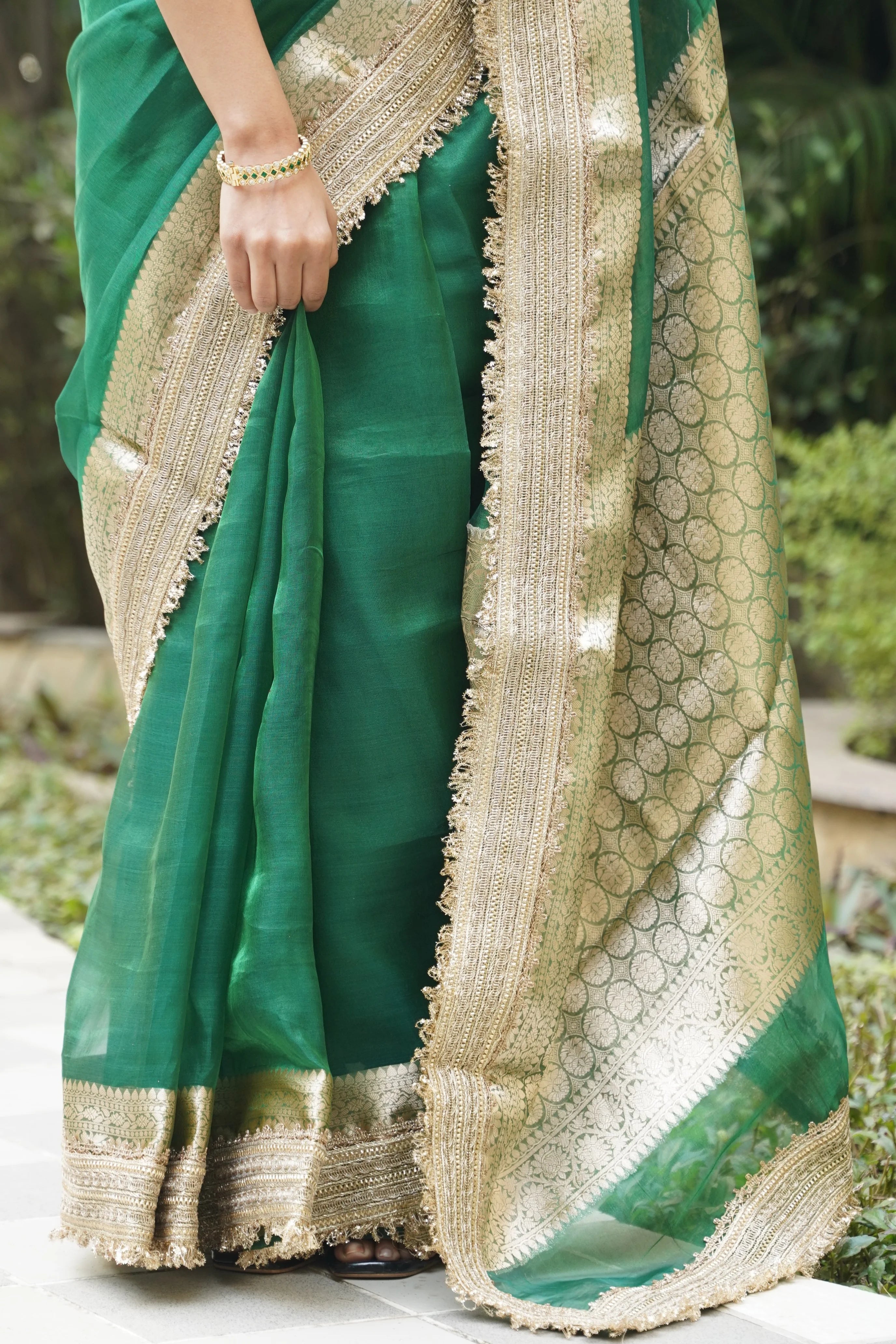 Emerald Green Tissue Banarasi Saree with Zari Border